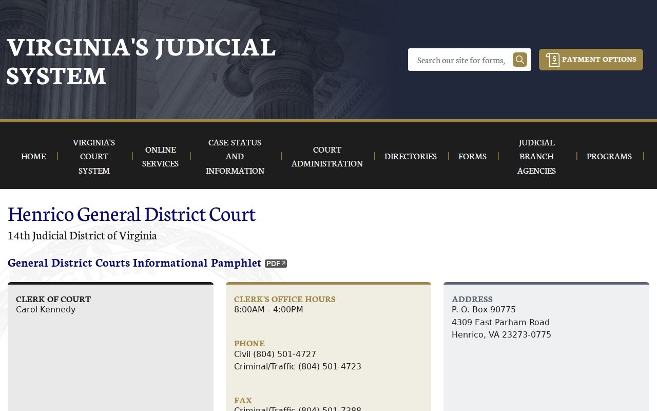 Virginia Judiciary Henrico General District Court clerk address and hours