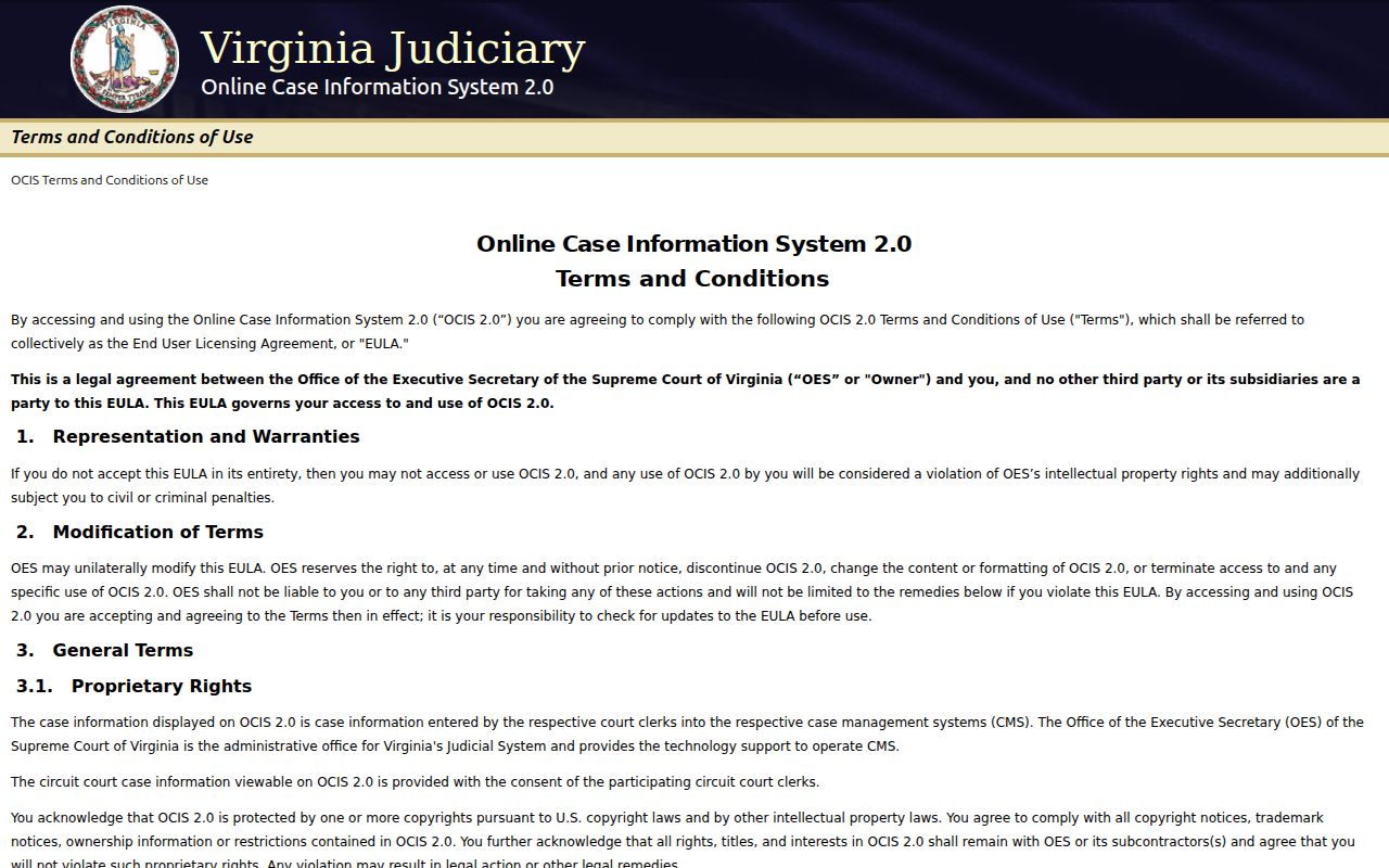 Virginia Online Case Information System for local court case searches