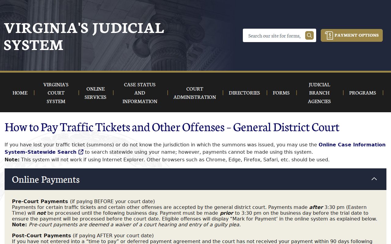 Virginia court search instructions for traffic cases by name, case number or hearing date
