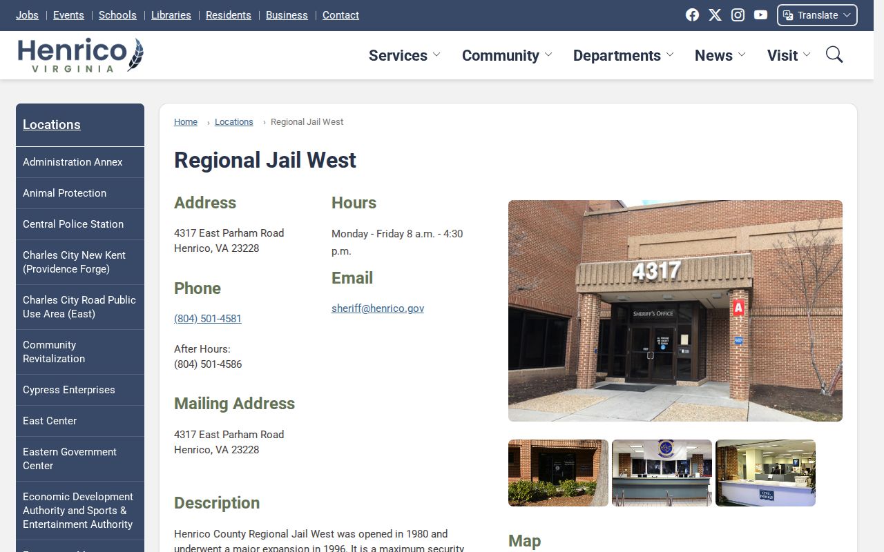 Henrico Regional Jail West official location information