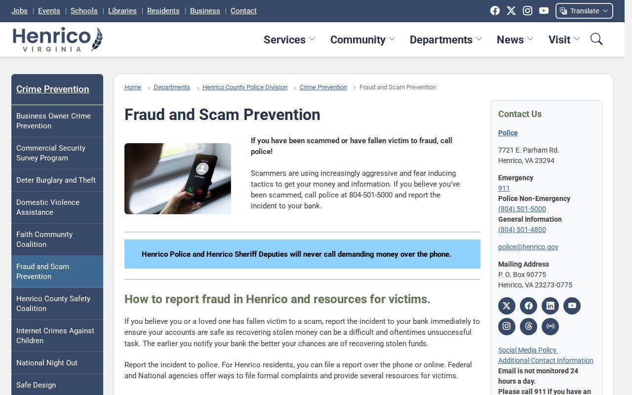 Henrico Police official warning about warrant and jury-duty payment scams