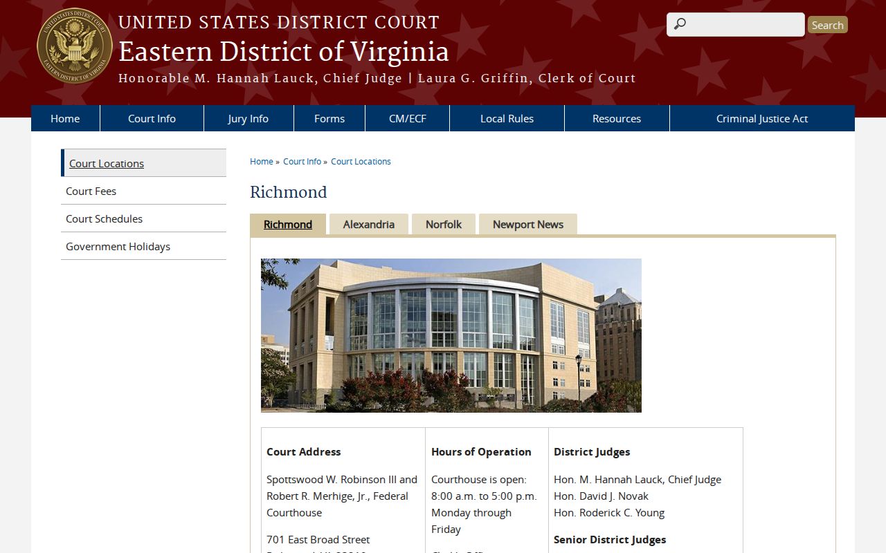 Richmond federal courthouse location and visitor guidance