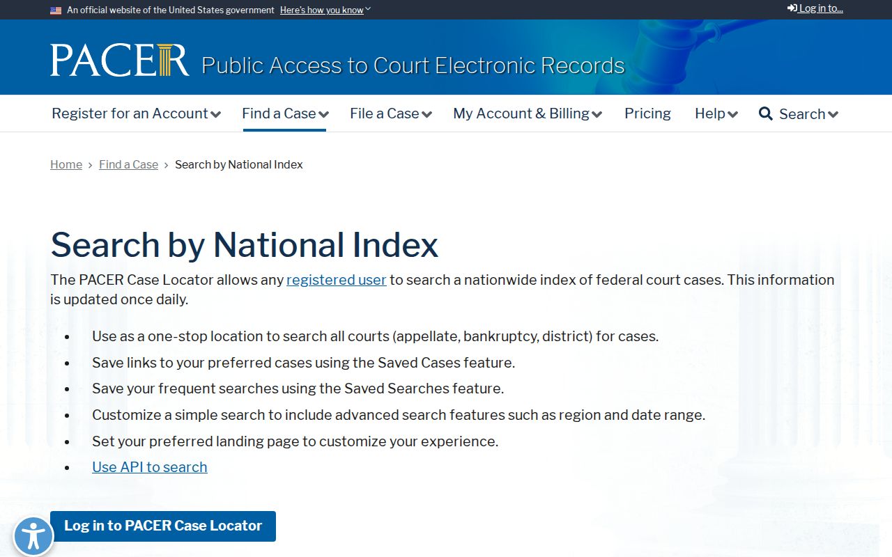 PACER Case Locator search interface for federal court cases