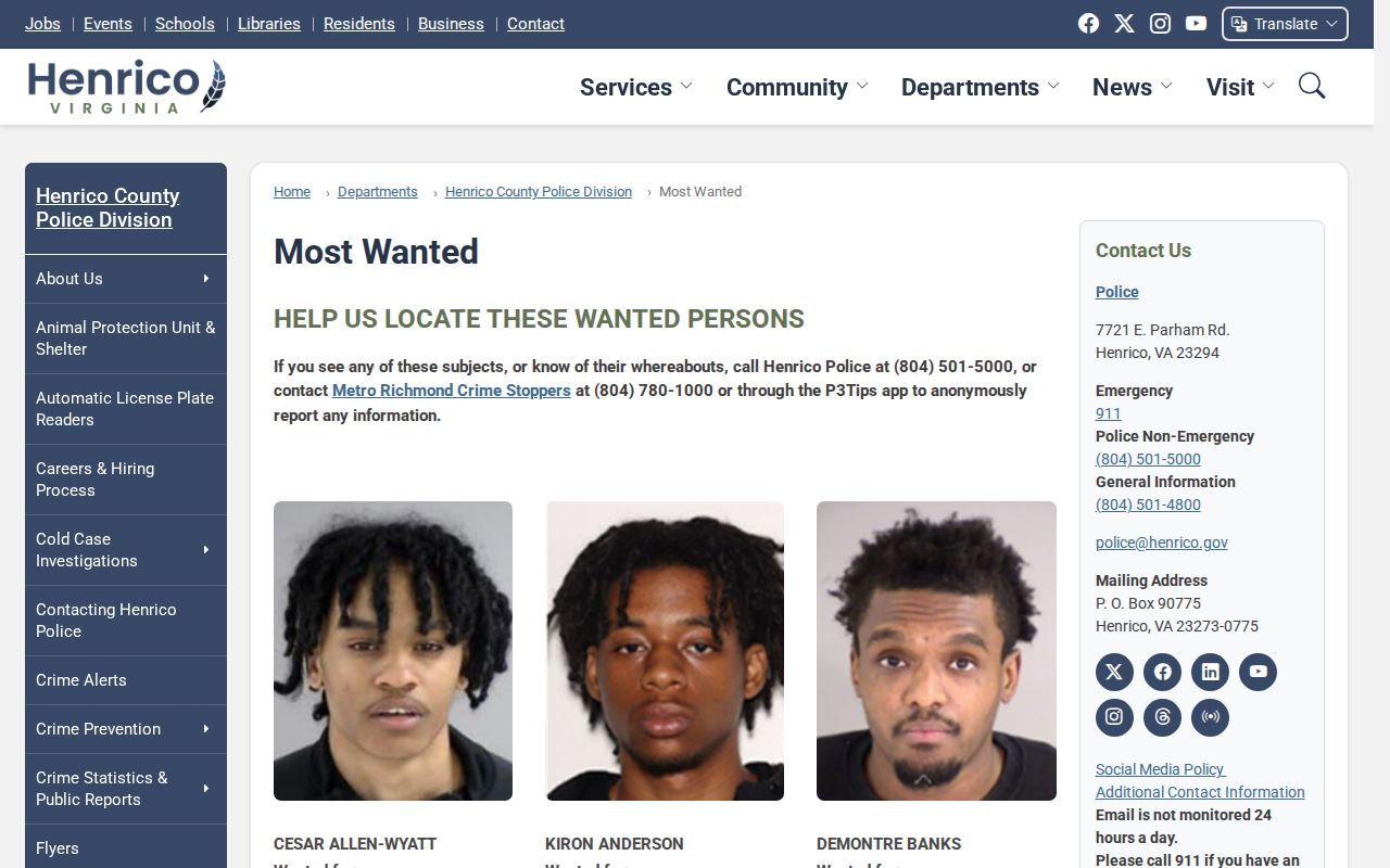 Henrico Police Most Wanted program heading and tip instructions